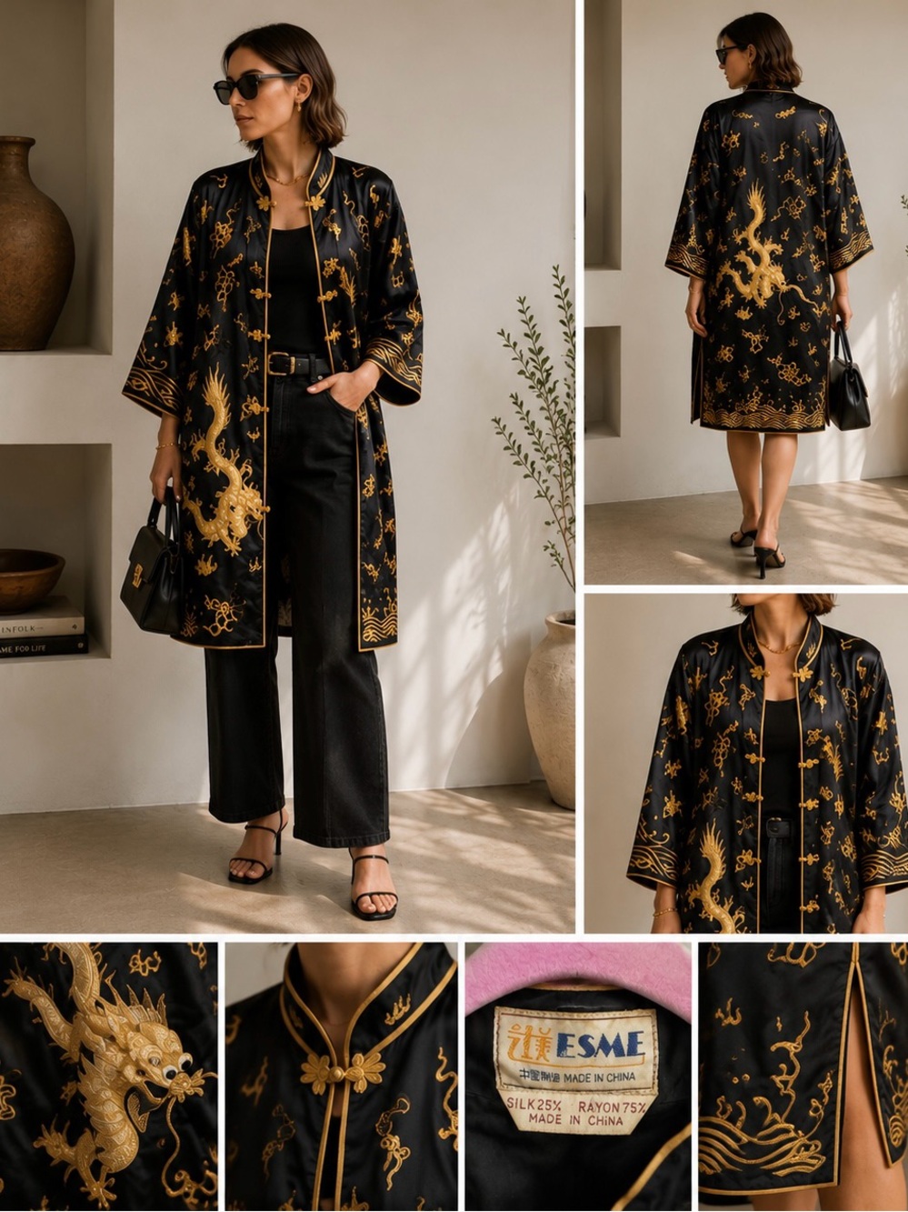 Vintage ESME Dragon Embroidered Silk Blend Asian Robe Jacket | Black & Gold